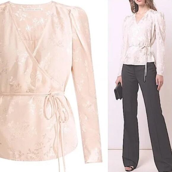 Veronica Beard Blouse Sz 6 Beige Silky Jacquard Wrap Top Puff Shoulders Luxury - Picture 1 of 12